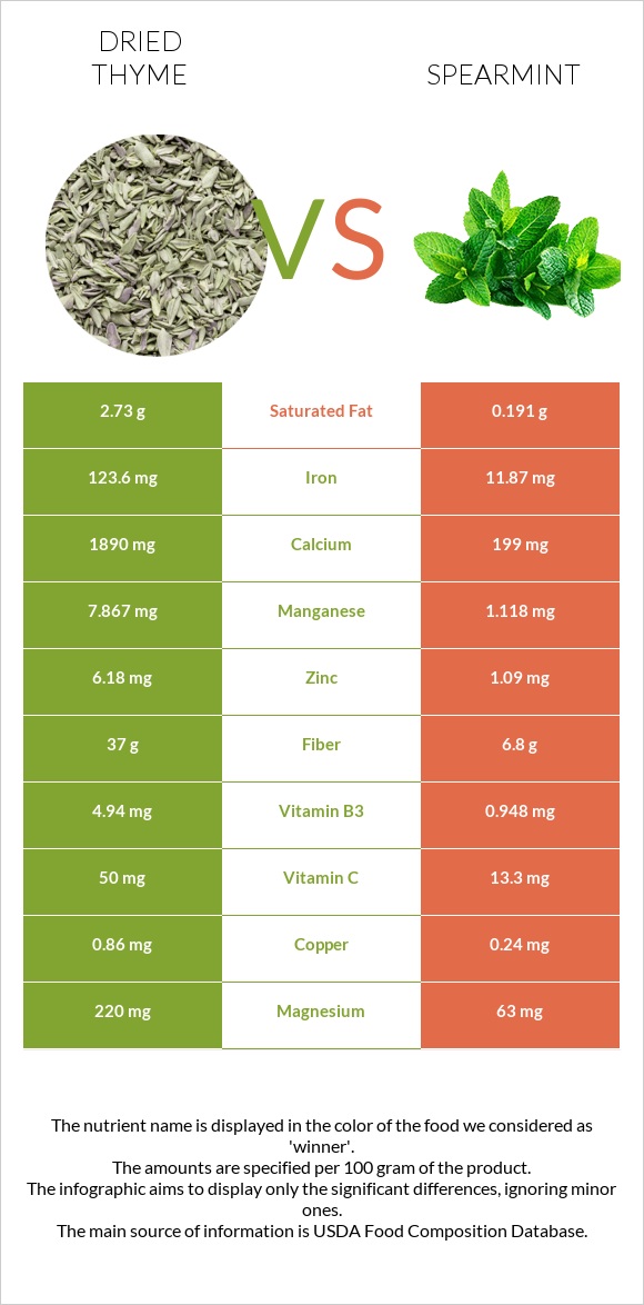 Dried thyme vs Spearmint infographic