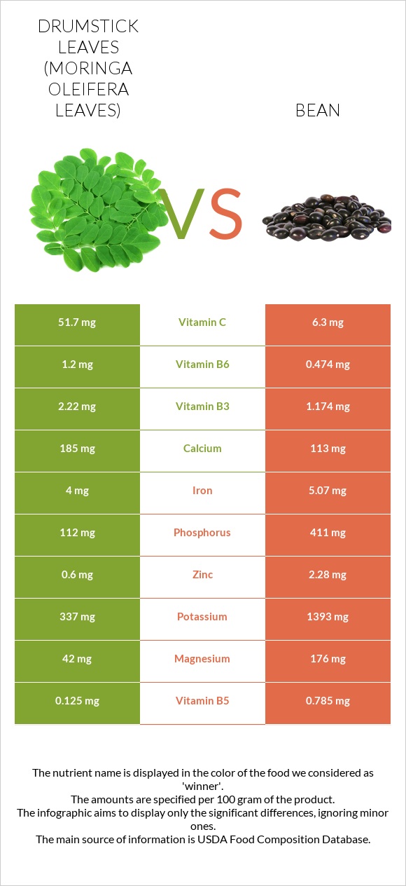 Drumstick leaves vs Bean infographic