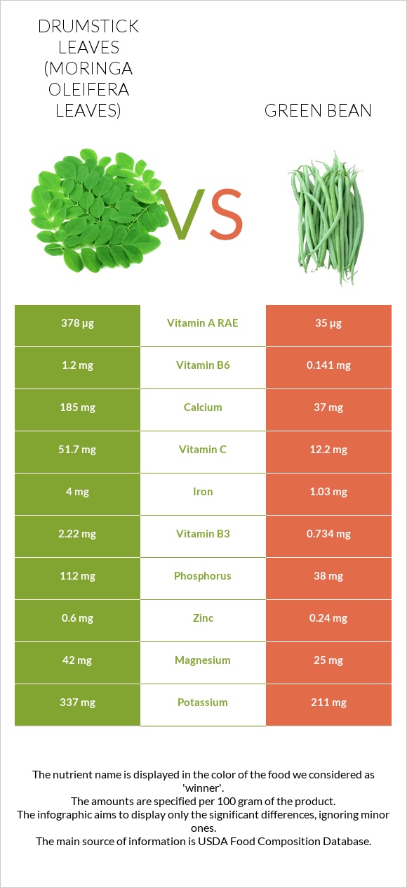 Drumstick leaves vs Green bean infographic