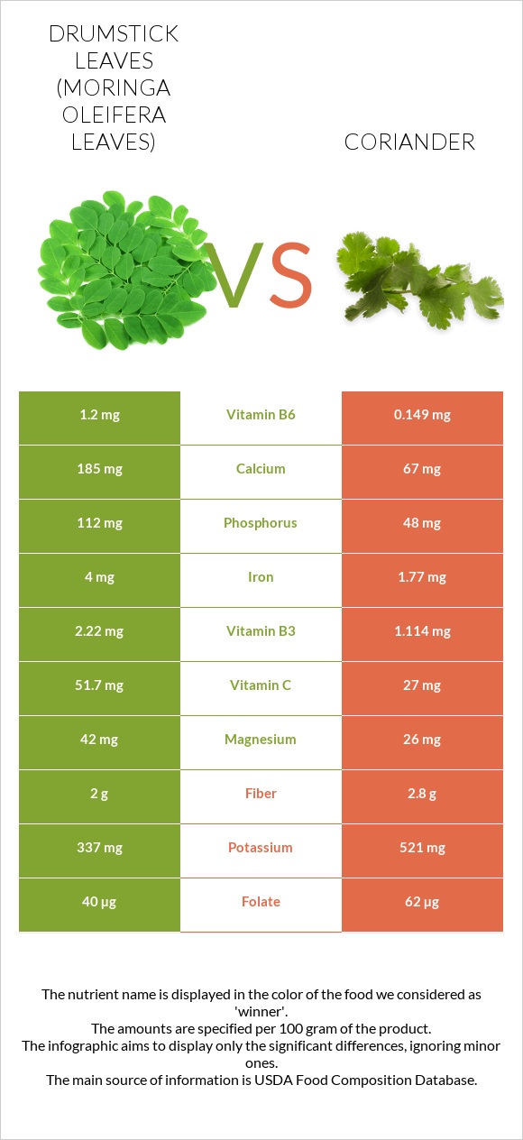 Drumstick leaves vs Coriander infographic