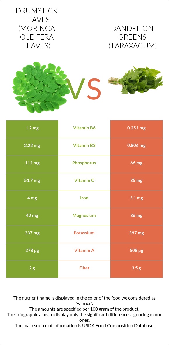 Drumstick leaves vs Dandelion greens infographic