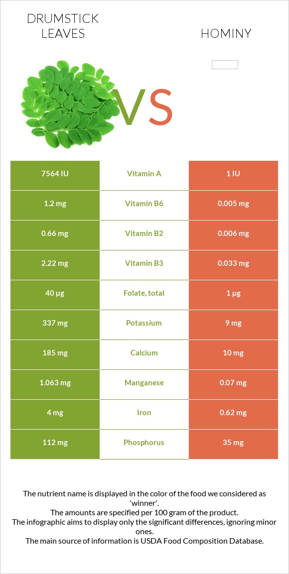 Drumstick leaves vs Hominy infographic