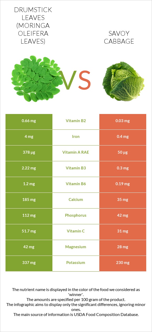 Drumstick leaves vs Savoy cabbage infographic