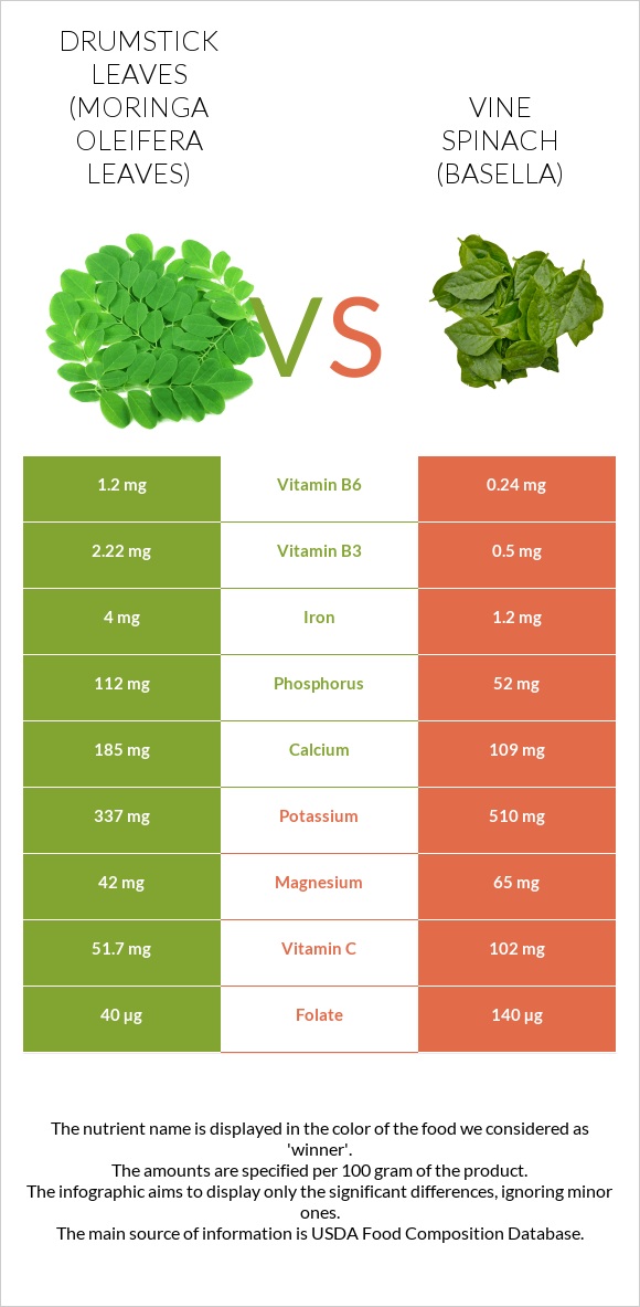 Drumstick leaves vs Vine spinach (basella) infographic