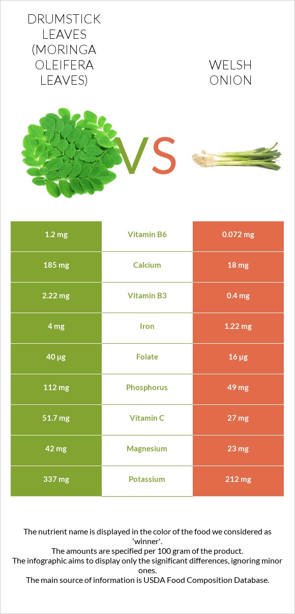 Drumstick leaves vs Welsh onion infographic