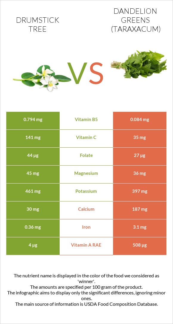 Drumstick tree vs Dandelion greens infographic