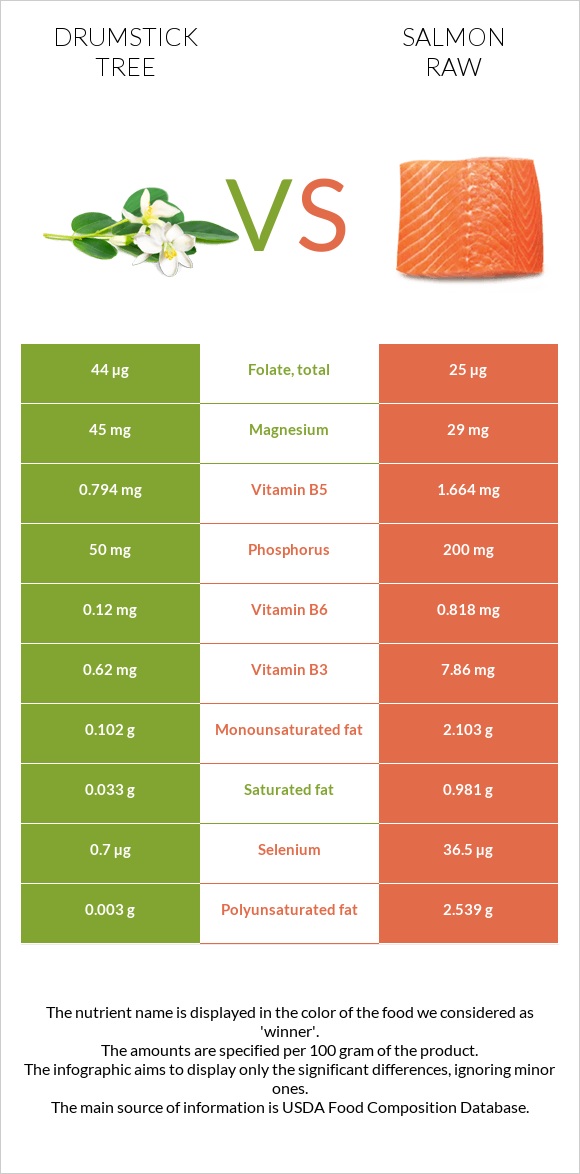 Drumstick tree vs Salmon raw infographic