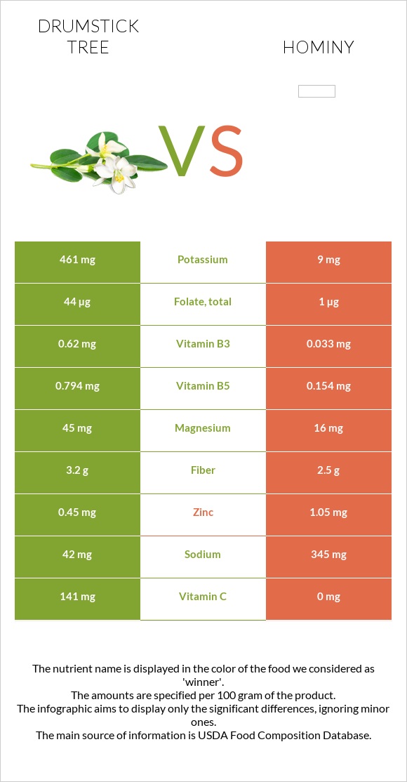 Drumstick tree vs Hominy infographic