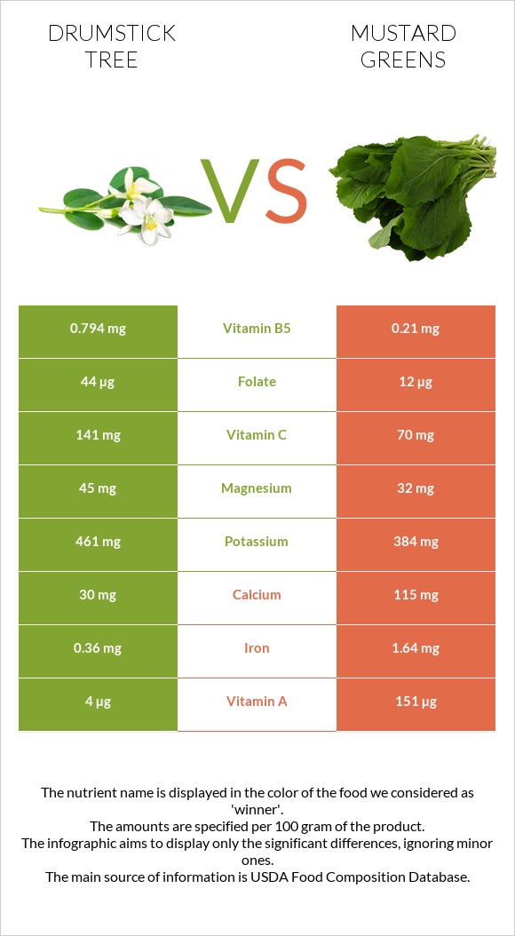 Drumstick tree vs Mustard Greens infographic