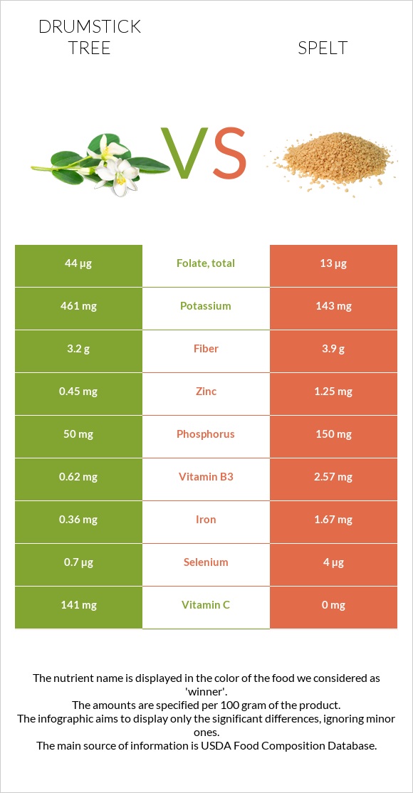 Drumstick tree vs Spelt infographic