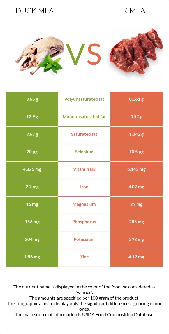 Բադի միս vs Elk meat infographic