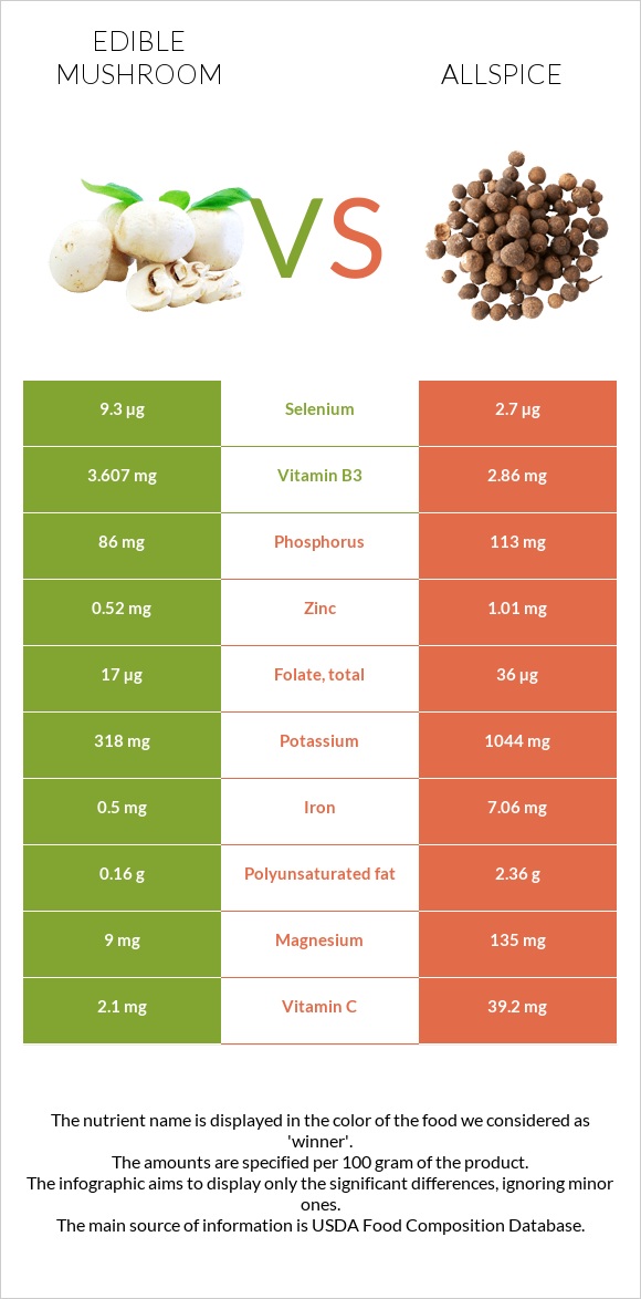 Edible mushroom vs Allspice infographic