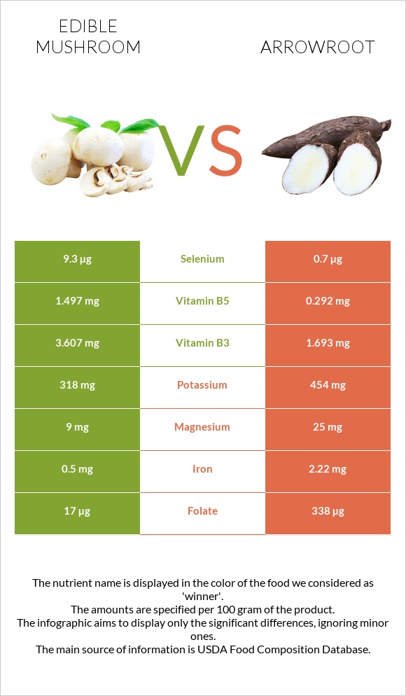 Edible mushroom vs Arrowroot infographic