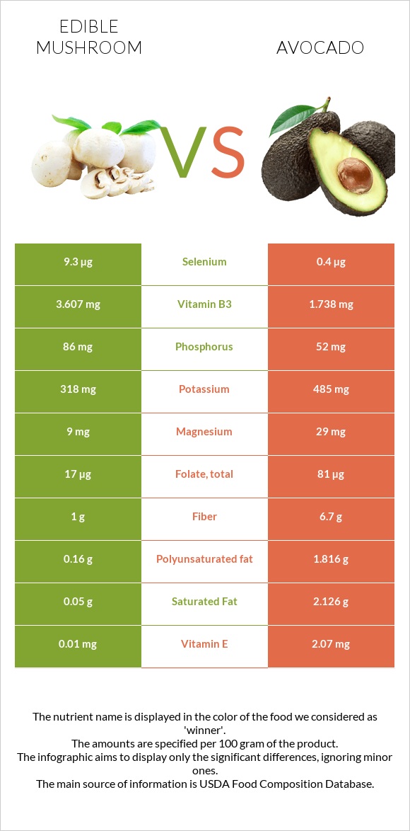 Edible mushroom vs Avocado infographic