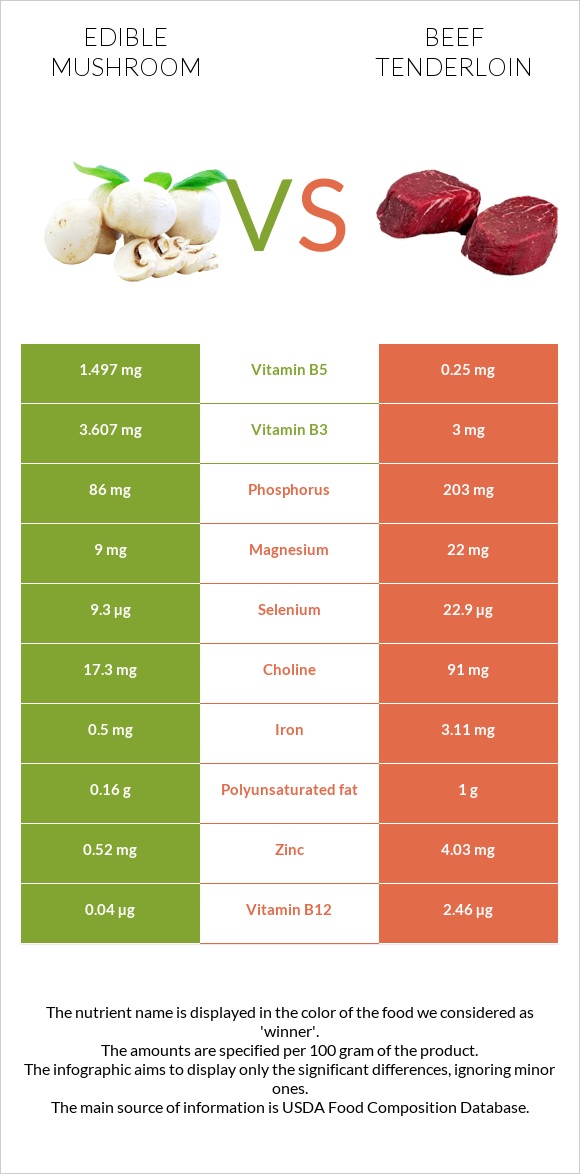 Edible mushroom vs Beef tenderloin infographic