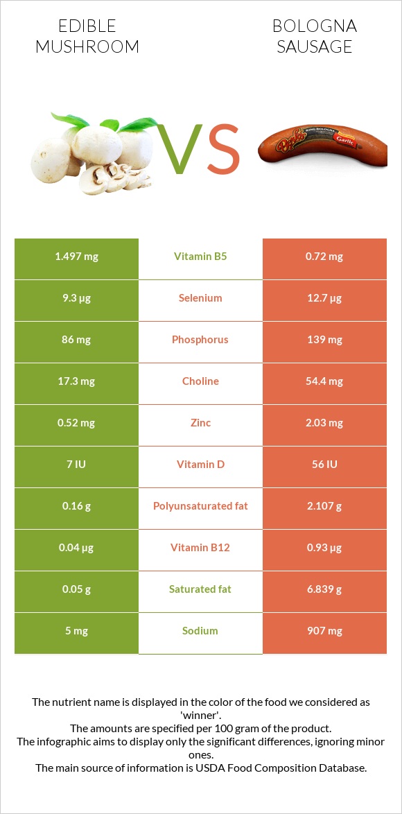 Edible mushroom vs Bologna sausage infographic