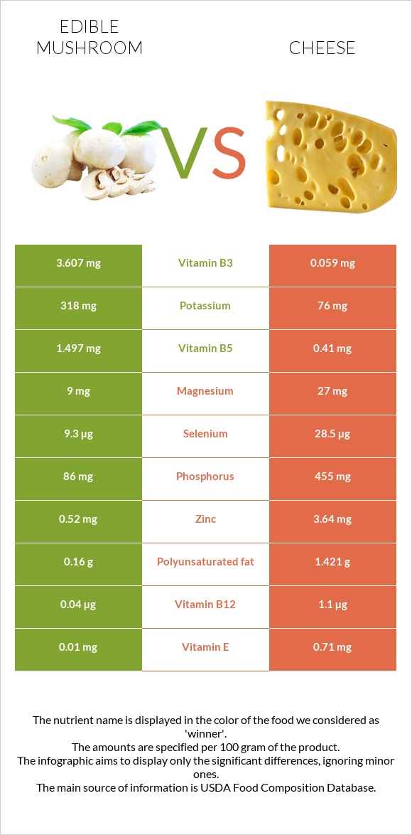 Edible mushroom vs Cheddar Cheese infographic