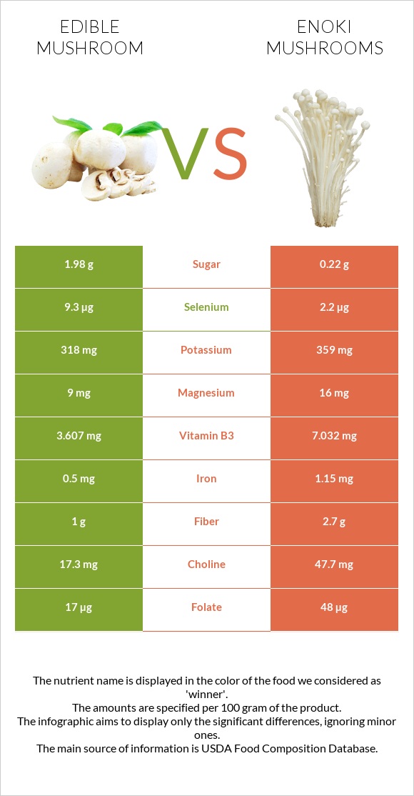 Edible mushroom vs Enoki mushrooms infographic