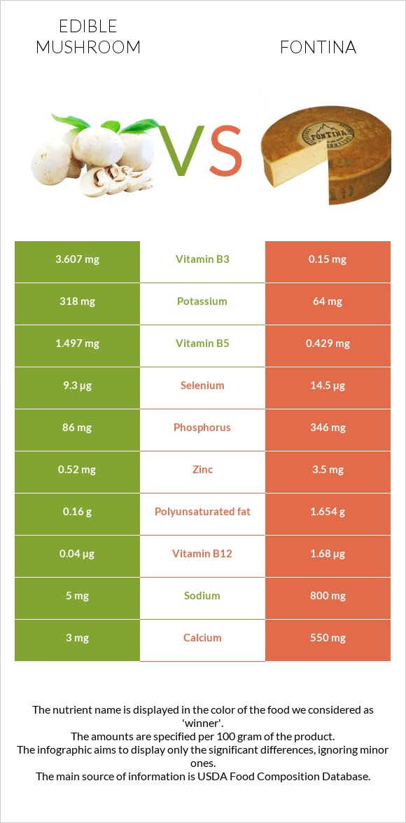 Edible mushroom vs Fontina infographic