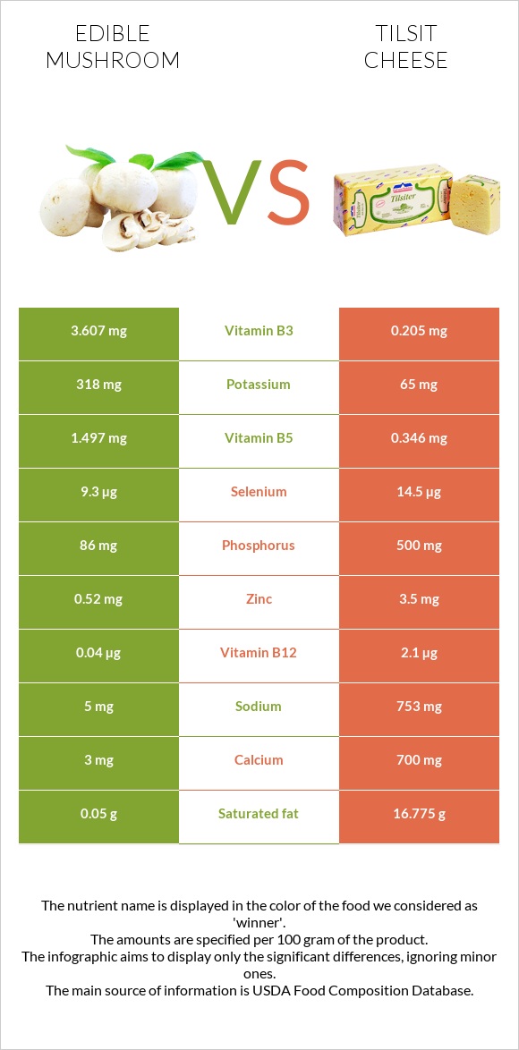 Edible mushroom vs Tilsit cheese infographic