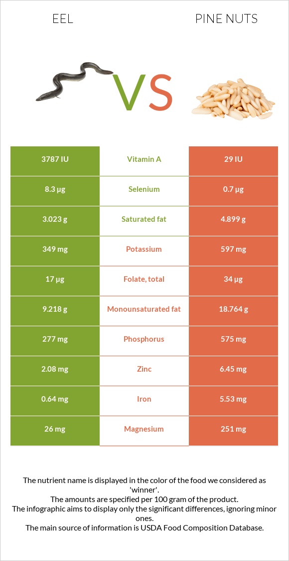 Eel vs Pine nuts infographic