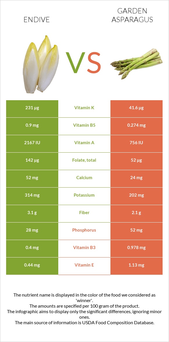 Endive vs Garden asparagus infographic