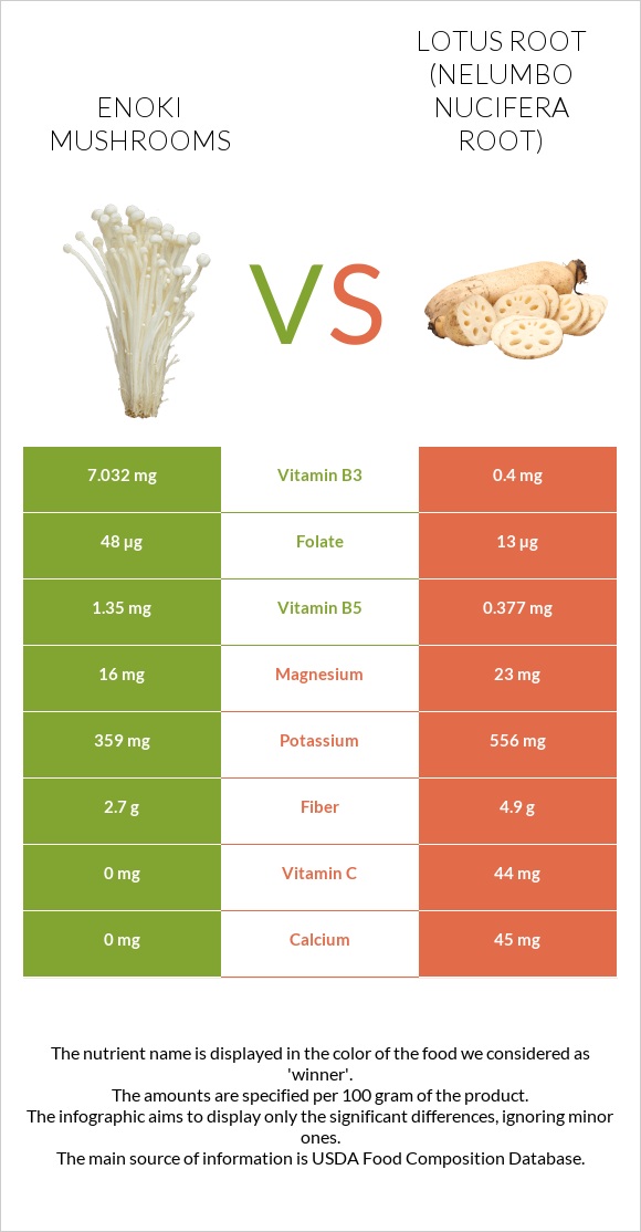 Enoki mushrooms vs Լոտոս արմատ infographic