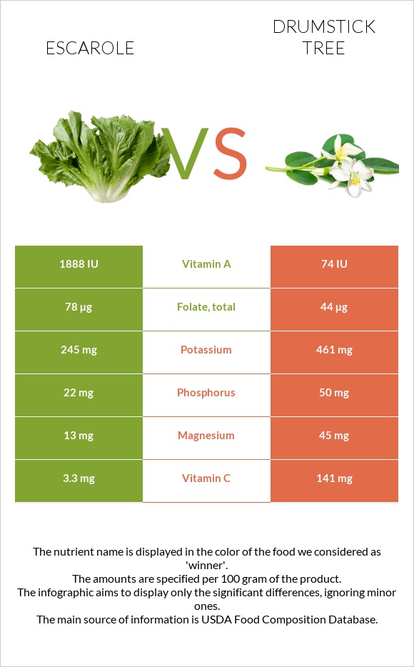 Escarole vs Drumstick tree infographic