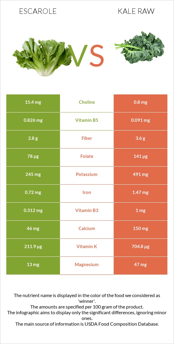 Escarole vs Kale raw infographic