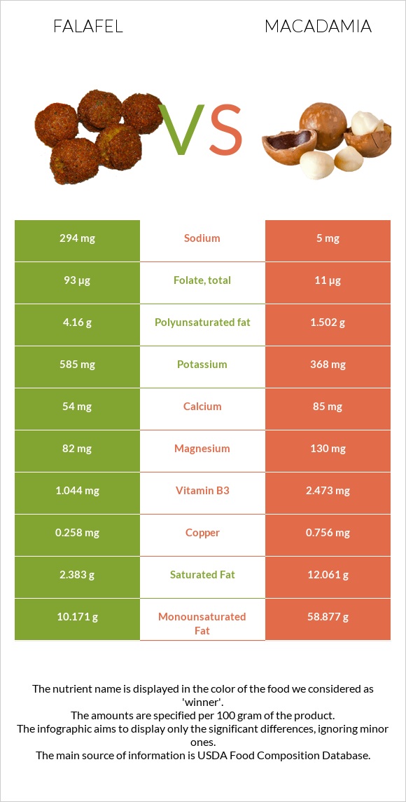 Falafel vs Macadamia infographic