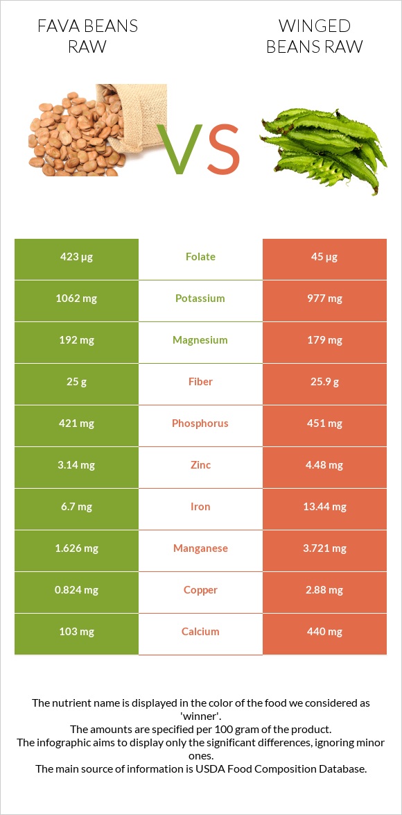 Fava beans raw vs Winged beans raw infographic