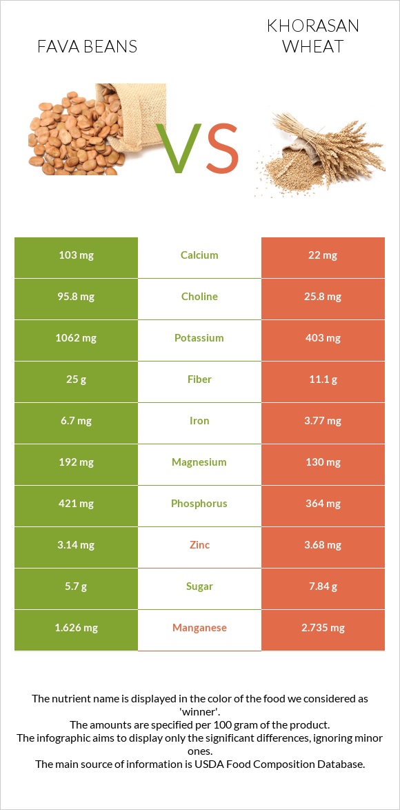 Fava beans vs Խորասան ցորենի infographic