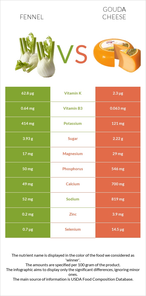 Fennel vs Gouda cheese infographic