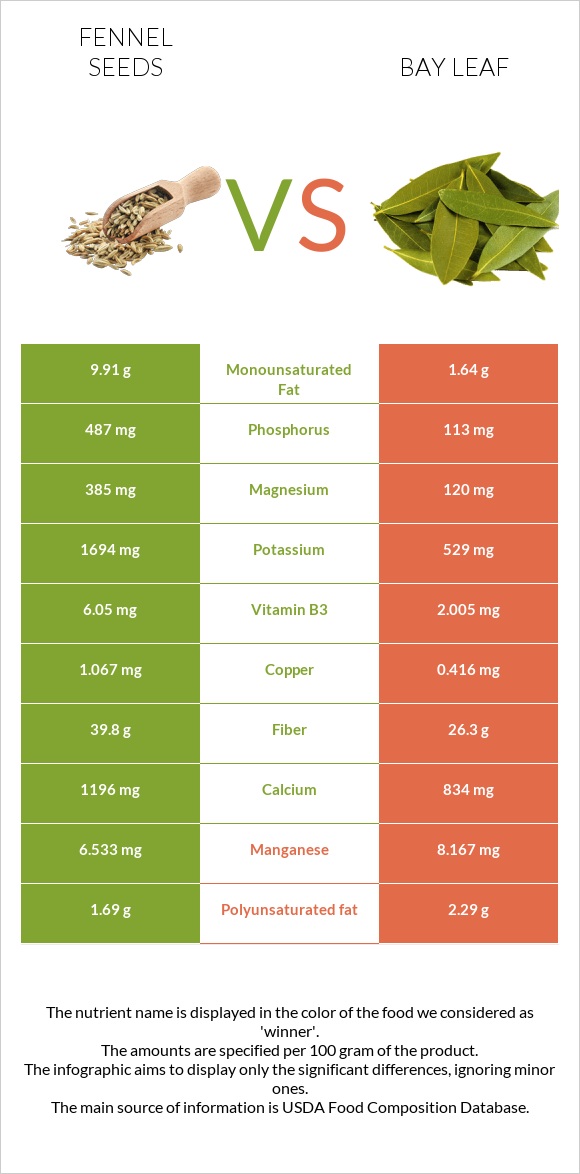 Fennel seeds vs Դափնու տերև infographic