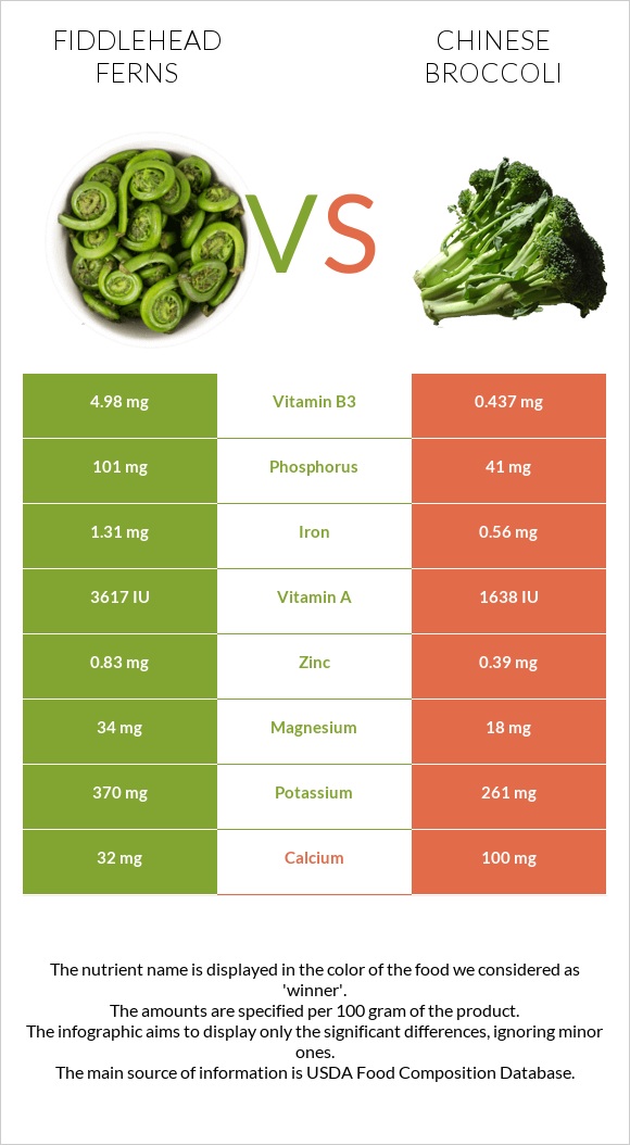 Fiddlehead ferns vs Chinese broccoli infographic