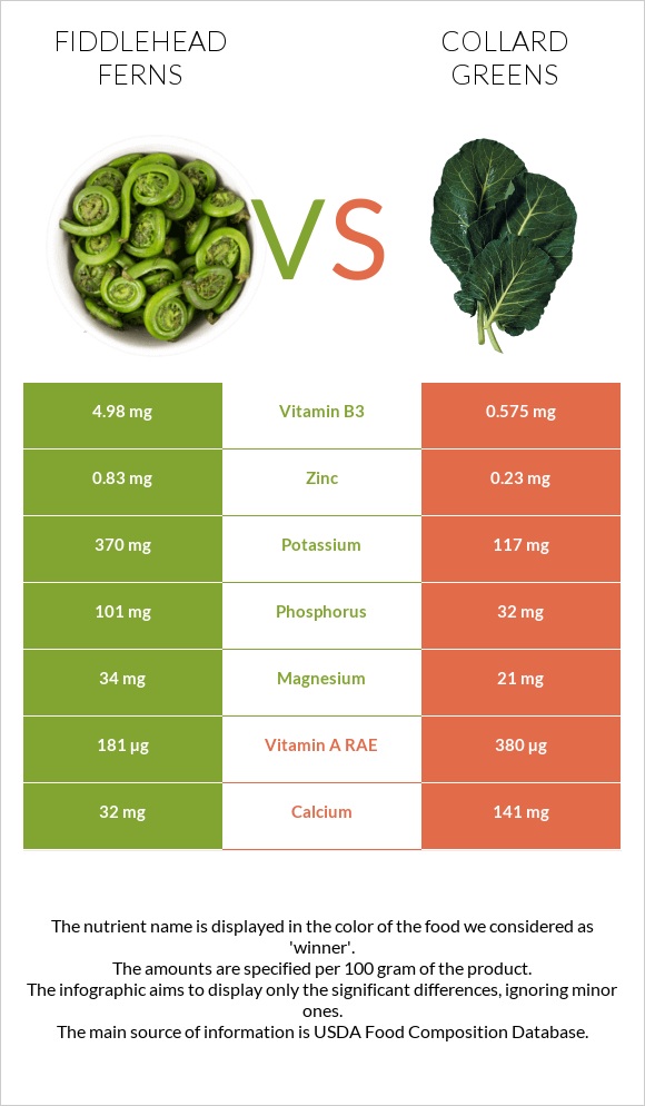 Fiddlehead ferns vs Collard Greens infographic