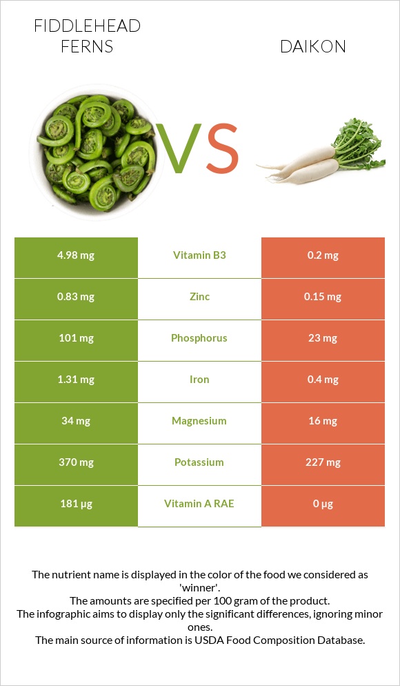 Fiddlehead ferns vs Daikon infographic