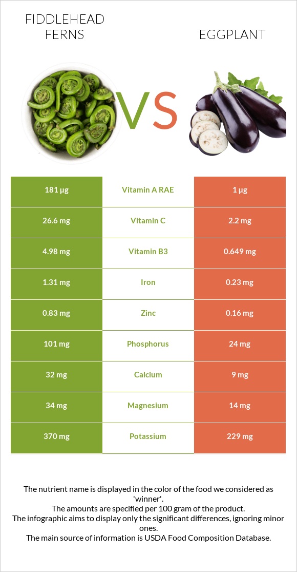 Fiddlehead ferns vs Eggplant infographic
