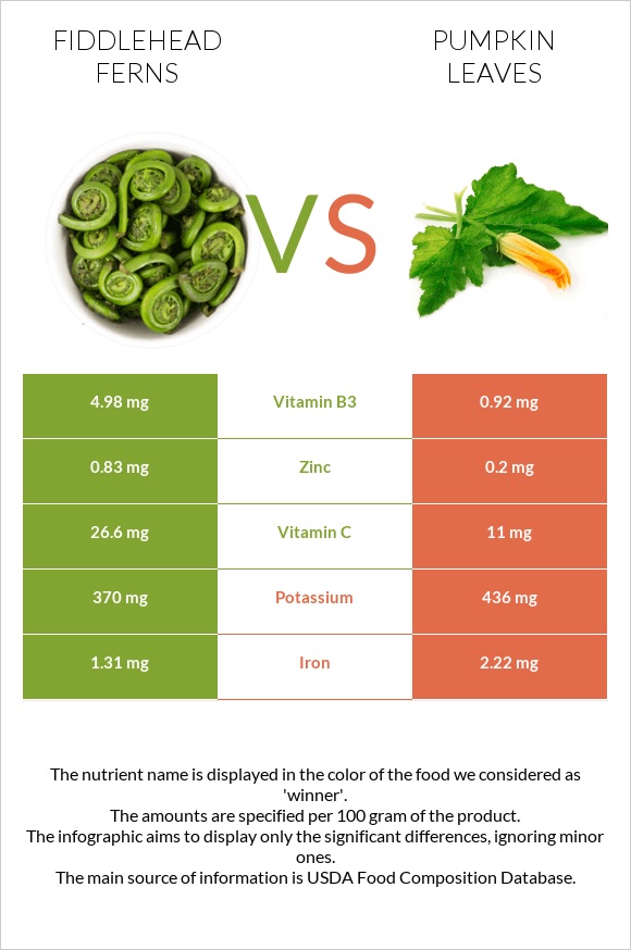 Fiddlehead ferns vs Pumpkin leaves infographic