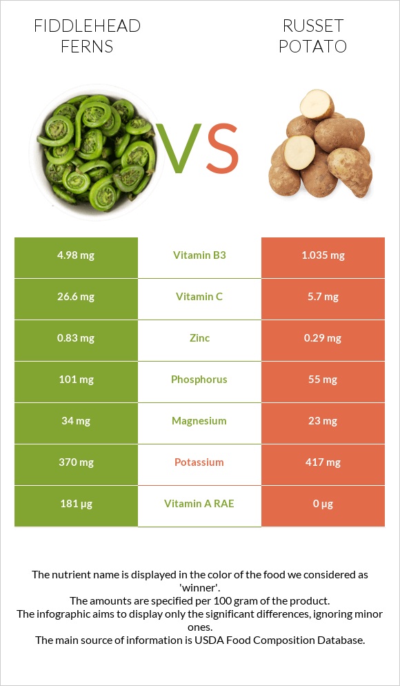 Fiddlehead ferns vs Russet potato infographic