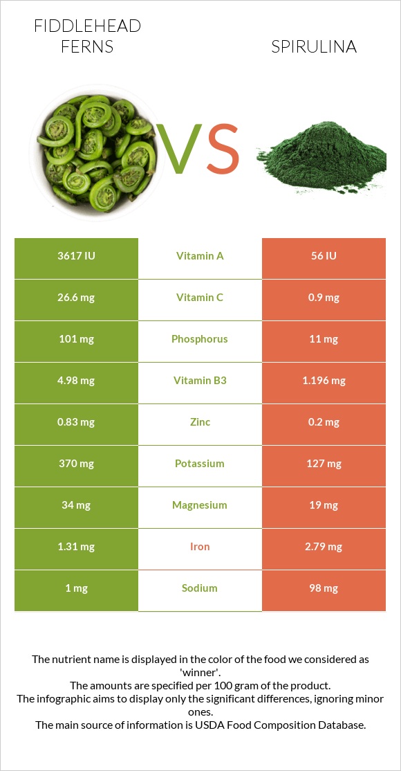 Fiddlehead ferns vs Spirulina infographic