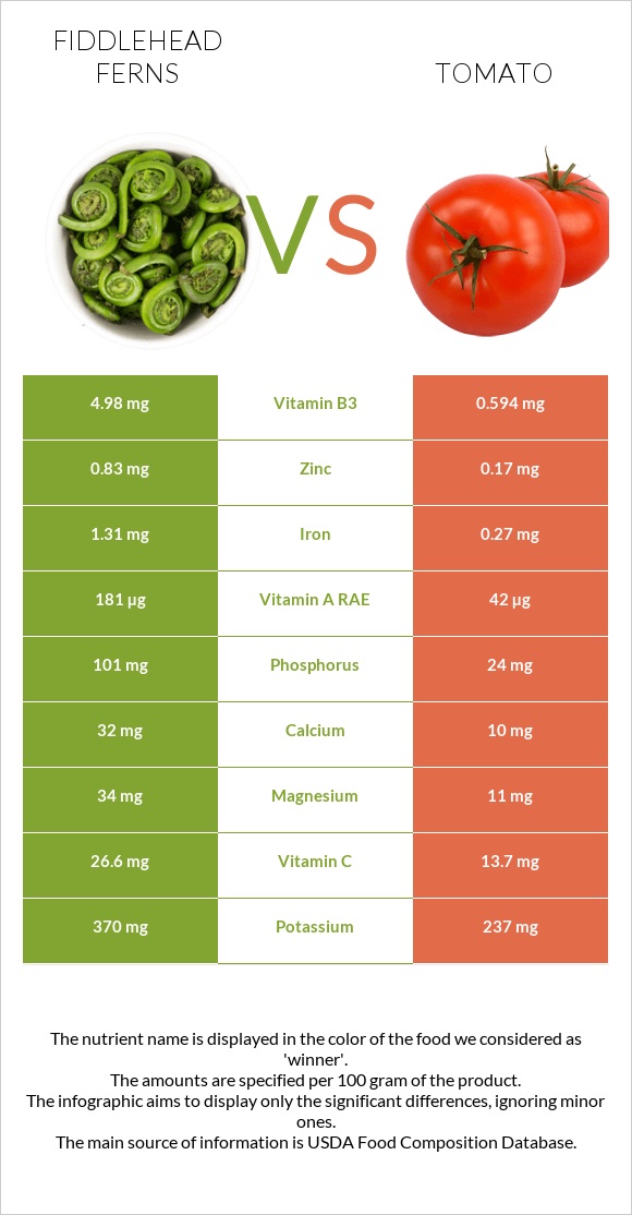 Fiddlehead ferns vs Tomato infographic