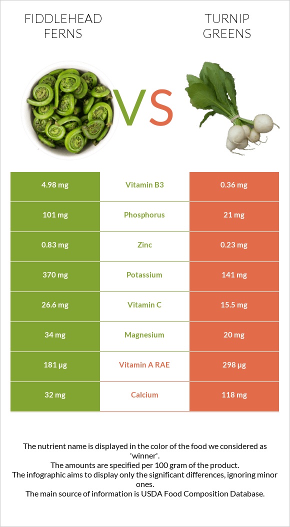 Fiddlehead ferns vs Turnip greens infographic