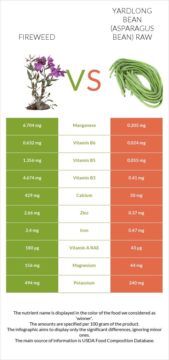 Fireweed vs Yardlong bean (Asparagus bean) raw infographic