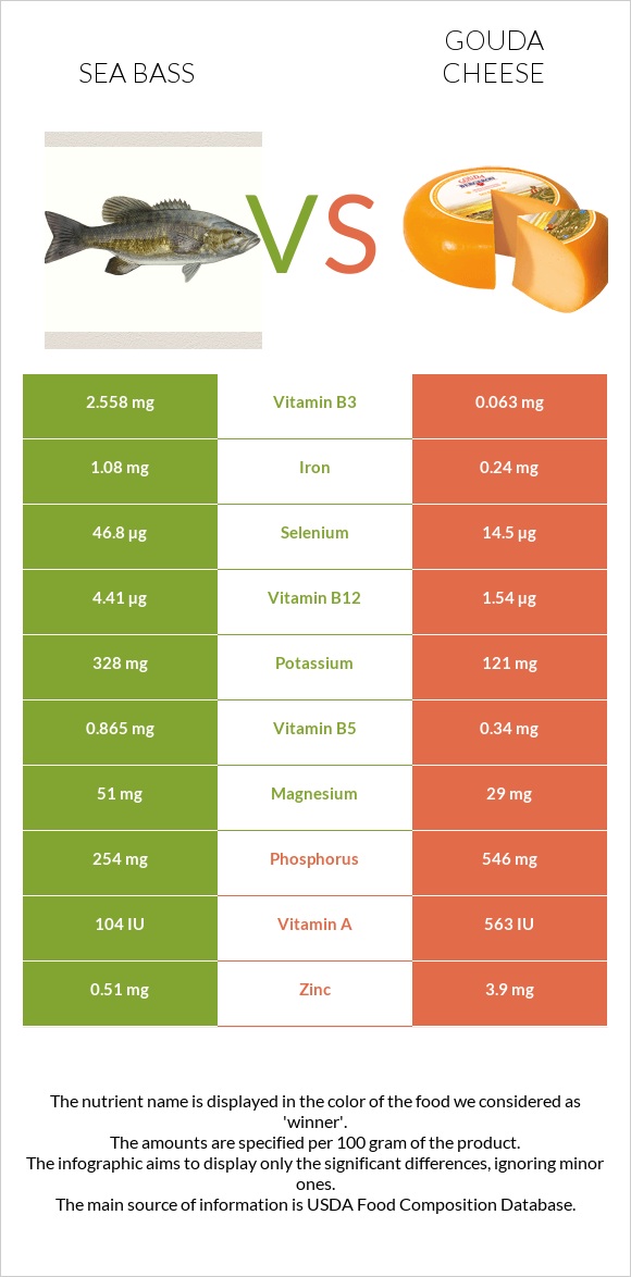 Sea bass vs Gouda cheese infographic