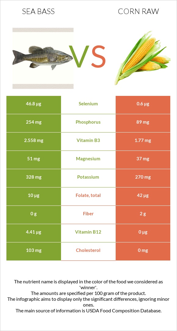 Sea bass vs Corn raw infographic