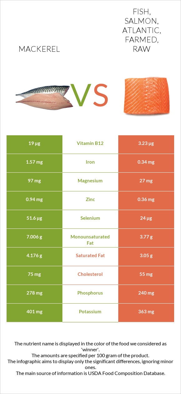 Mackerel vs Fish, salmon, Atlantic, farmed, raw infographic