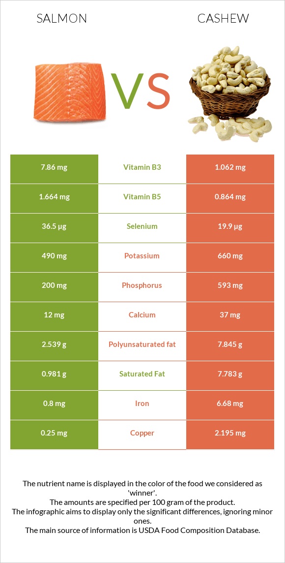Salmon raw vs Cashew infographic