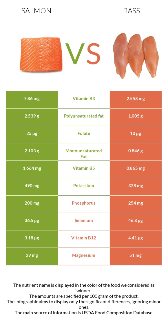 Salmon raw vs Bass infographic