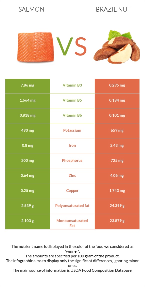 Salmon raw vs Brazil nut infographic
